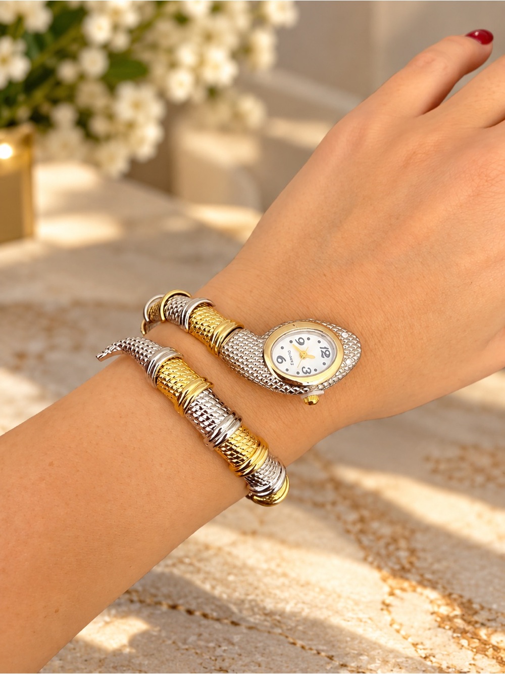 Snake Two Tone Gold Silver Cuff Quartz Watch - Picture 1 of 2